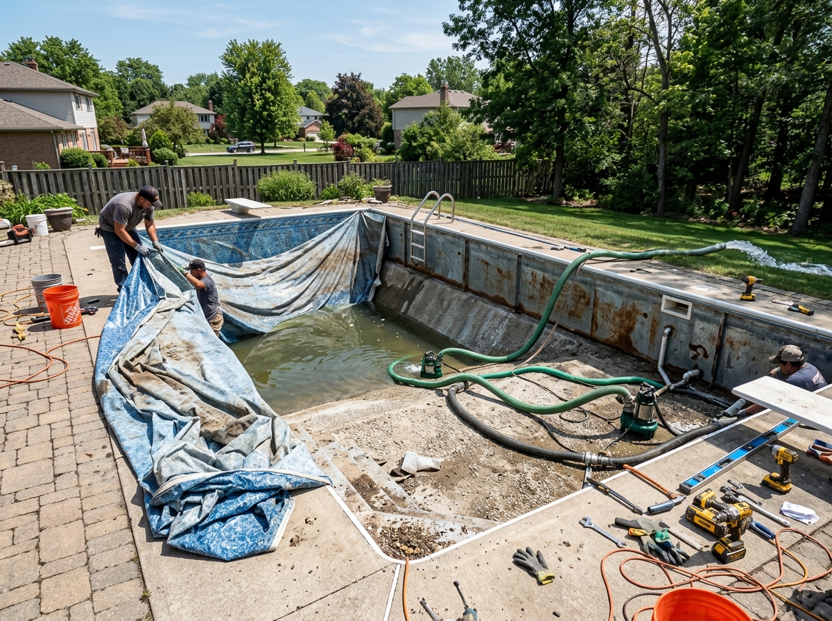 Old Vinyl Liner Removal & Swimming Pool Water Draining in Central Massachusetts